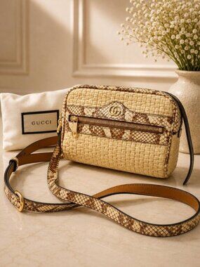 Authentic Gucci Ophidia Raffia & Python Leather Crossbody Bag Gold GG Logo
